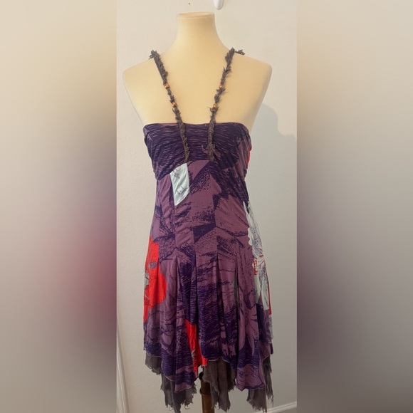 Free People Fairy Dress Asymmetrical Boho Purple Patchwork Hippie Y2K 90 Sz MED - Picture 1 of 12